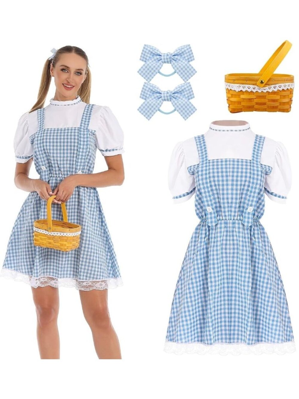 Adult Dorothy of Oz Blue Plaid Gingham Dress w/ Accessories Halloween Costume M